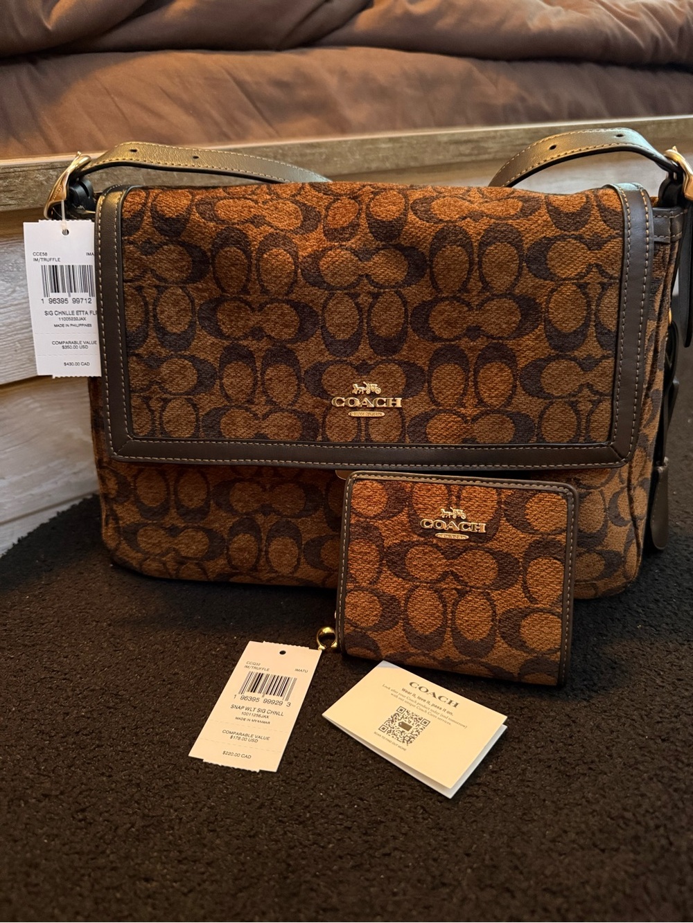 NWT coach medium Etta in chenille with matching wallet